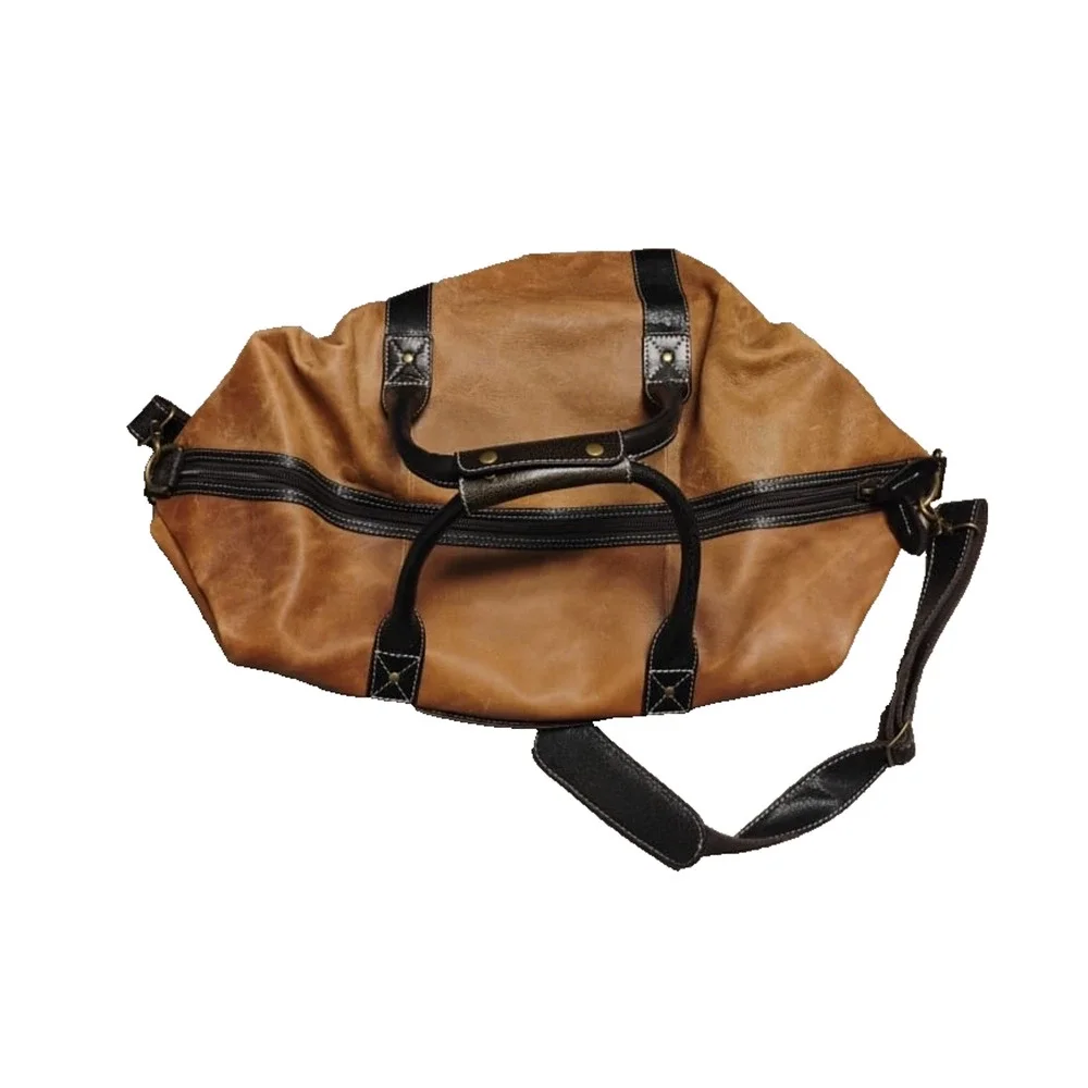 Vintage 90s Timberland Brown 100% Leather Duffle Bag Carry On Weekender Strap